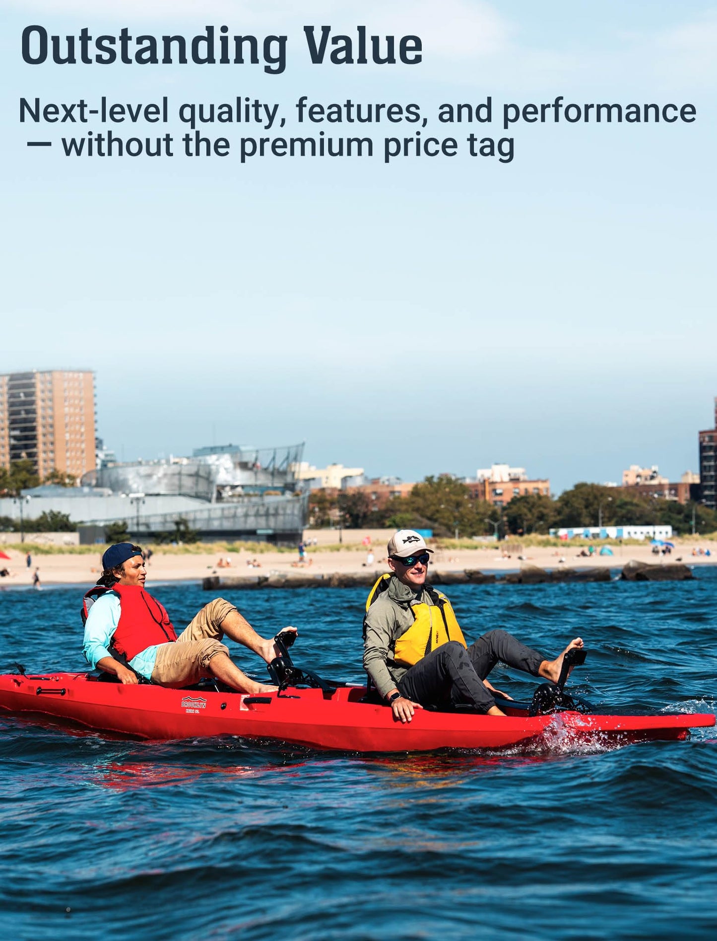 Upgraded Brooklyn 14.0 Tandem Pedal Kayak with Propeller Drive by BKC, 2-Person Sit-On-Top Fishing Kayak, Hand Rudder, Rod Holders, Large Storage, Stable 14ft Hull (Blue Typhoon)