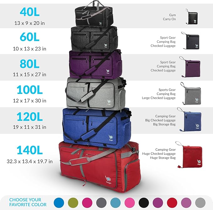 Bago Large Foldable Duffel Bags for Traveling Women & Men - 100L Packable Duffle Bag for Travel with Shoe Compartment - Water Repellant, Heavy Duty, Lightweight Folding & Collapsible (Blue)