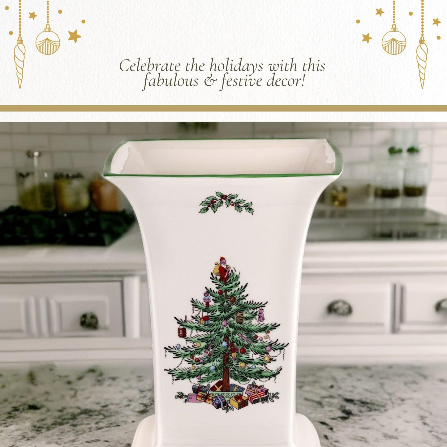 Spode Christmas Tree Square Vase, 8-Inch Festive Vase for Flowers & Holiday Decor - Fine Earthenware Centerpiece for Christmas Table, Mantle, Seasonal Floral Arrangements, Dishwasher Safe