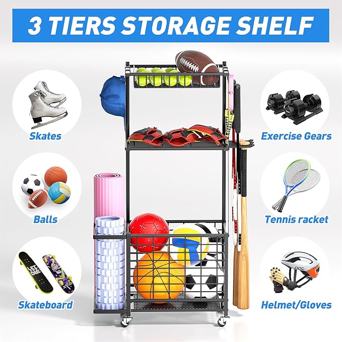 ZHOOGE Sports Equipment Organizer Garage Storage Organization, Garage Organizer Ball Storage Rack Rolling Cart with Basket and Hooks for Toy/Sports Gear Storage Indoor/Outdoor Use, Black