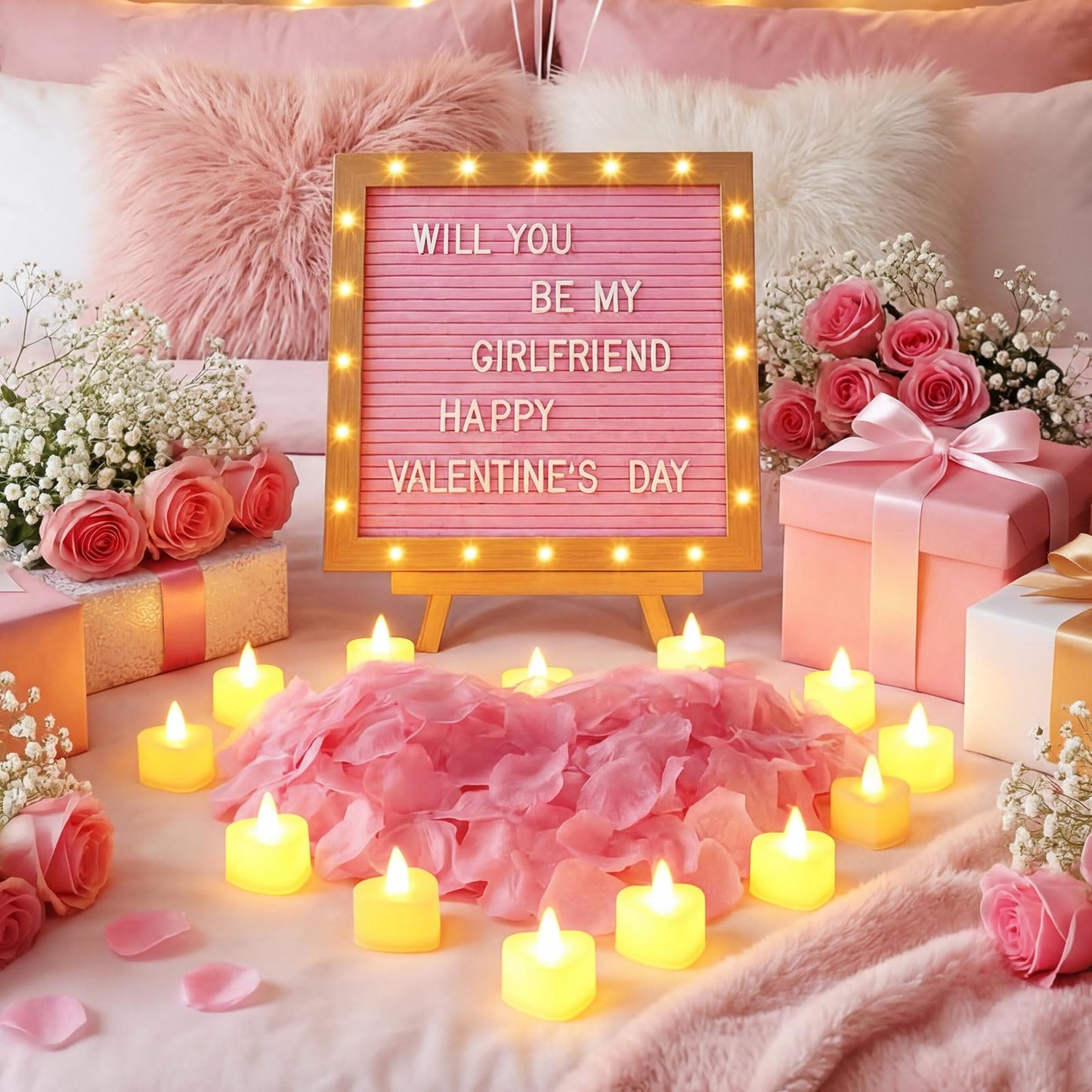 Ceenna Will You Be My Girlfriend Romantic Sign with LED Candles and Artificial Rose Petals, Valentine's Day DIY Felt Letter Wood Board Sign with Lights for Valentine's Day Anniversaries Party (Pink)