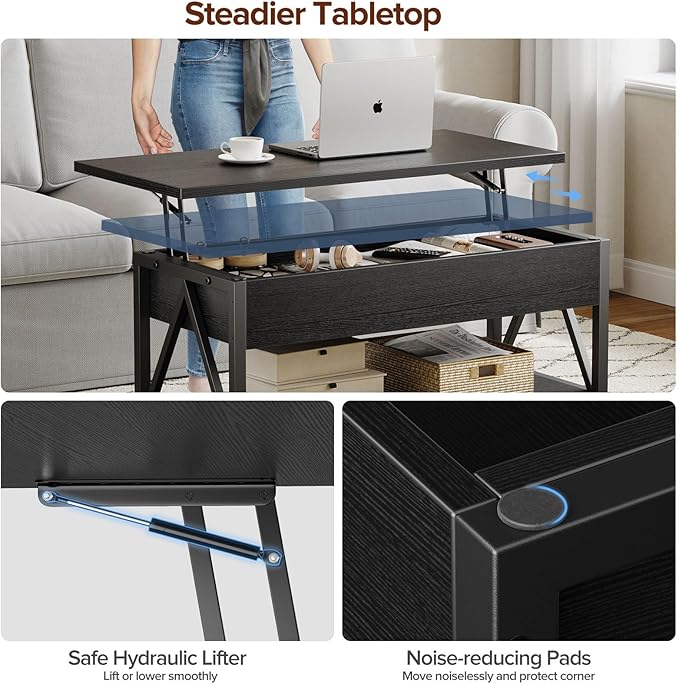 Memobarco Lift Top Coffee Table,Lift Coffee Tables with Storage Shelf and Large Hidden Compartment for Living Room,Lifting top Coffee Table for Small Space,Black