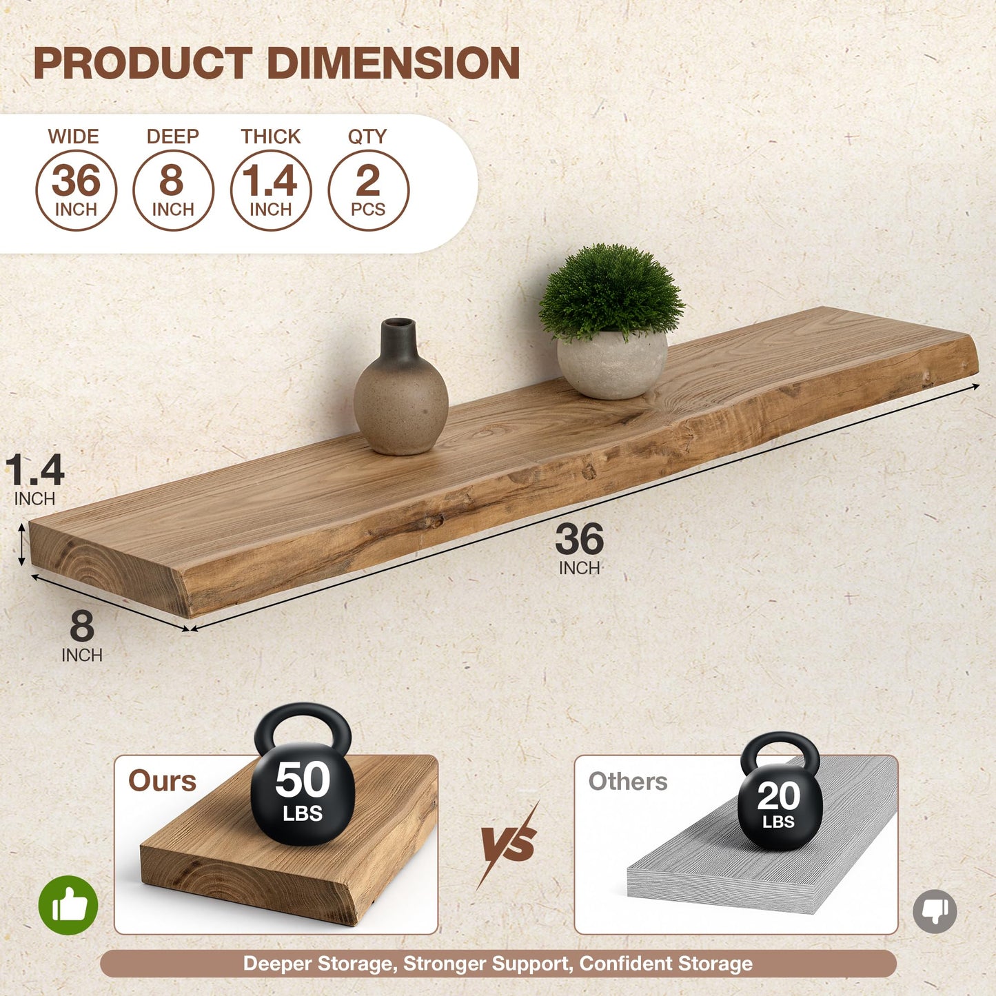 Axeman 36 inch Live Edge Floating Shelves for Wall, 8 Inch Deep Solid Locust Wood Wall Shelves - Rustic Wooden Shelves with Invisible Brackets for Living Room Bedroom Kitchen, Set of 2