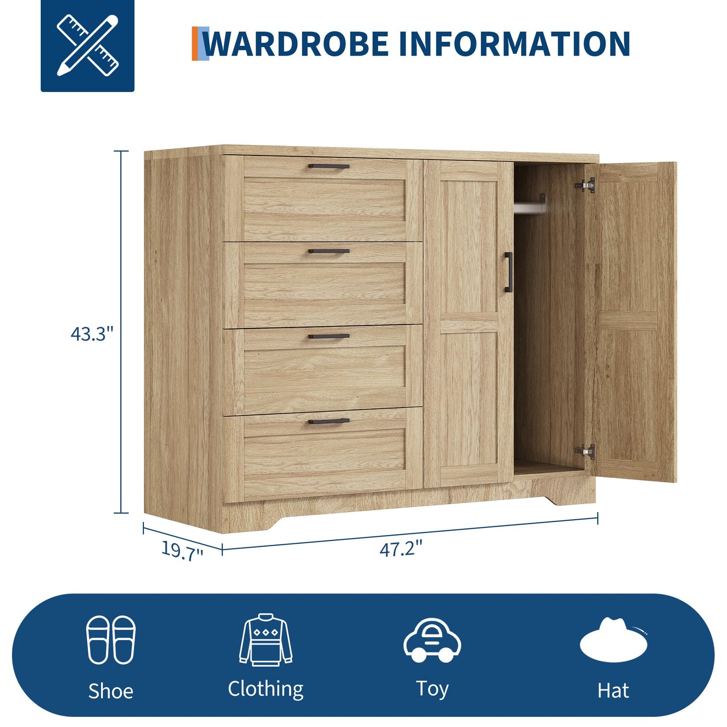 GarveeHome Multifunctional Wooden Dresser for Bedroom, 43.3 in H 2 Door Wardrobe Armoire Closet with 4 Drawers and Hanging Rod, Low Storage Cabinet for Hanging Cloth, Natural Oak