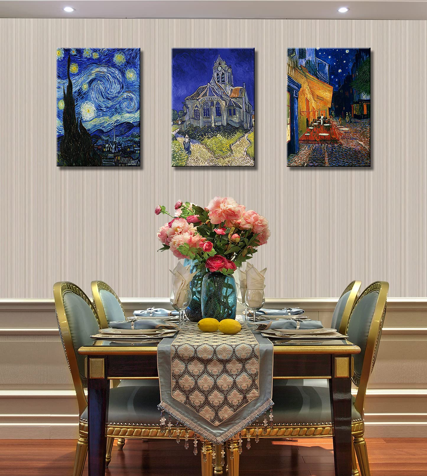 Vincent Van Gogh Canvas Wall Art Paintings, Famous Starry Night Picture Prints for Decor Classic Cafe Terrace At Night Artwork Reproduction Poster for Bedroom Living Room Office 12"x16"x3 Piece