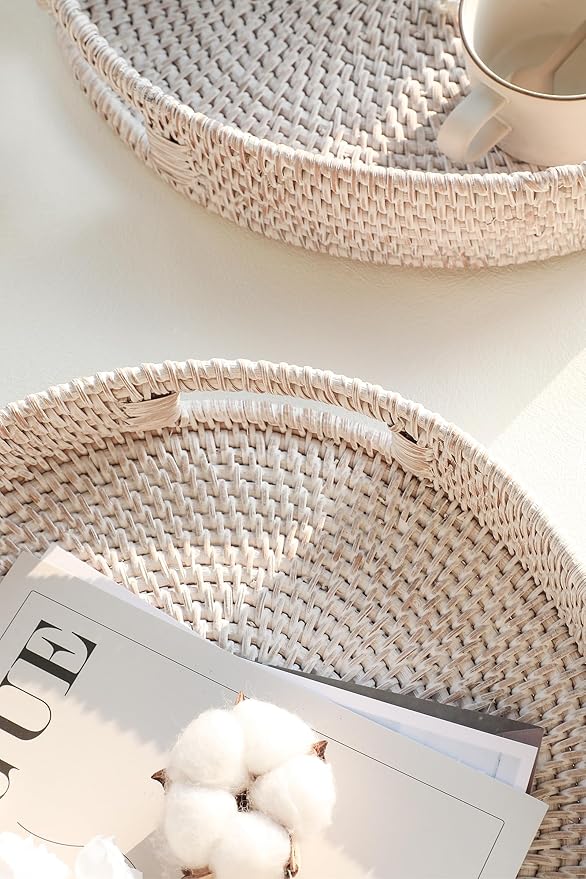 HITOMEN 11.8" Hand-Woven Round Rattan Serving Tray Decorative Wicker Trays with Handles for Coffee Table (Whitewash-M)