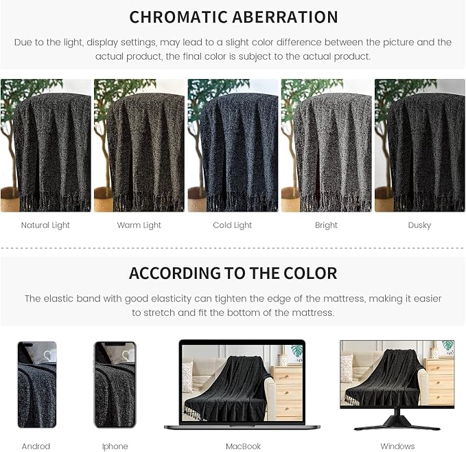 BOURINA Chenille Fluffy Throw Blanket with Decorative Fringe for Couch Cover Sofa Chair Blanket（50×60 Inches） Black