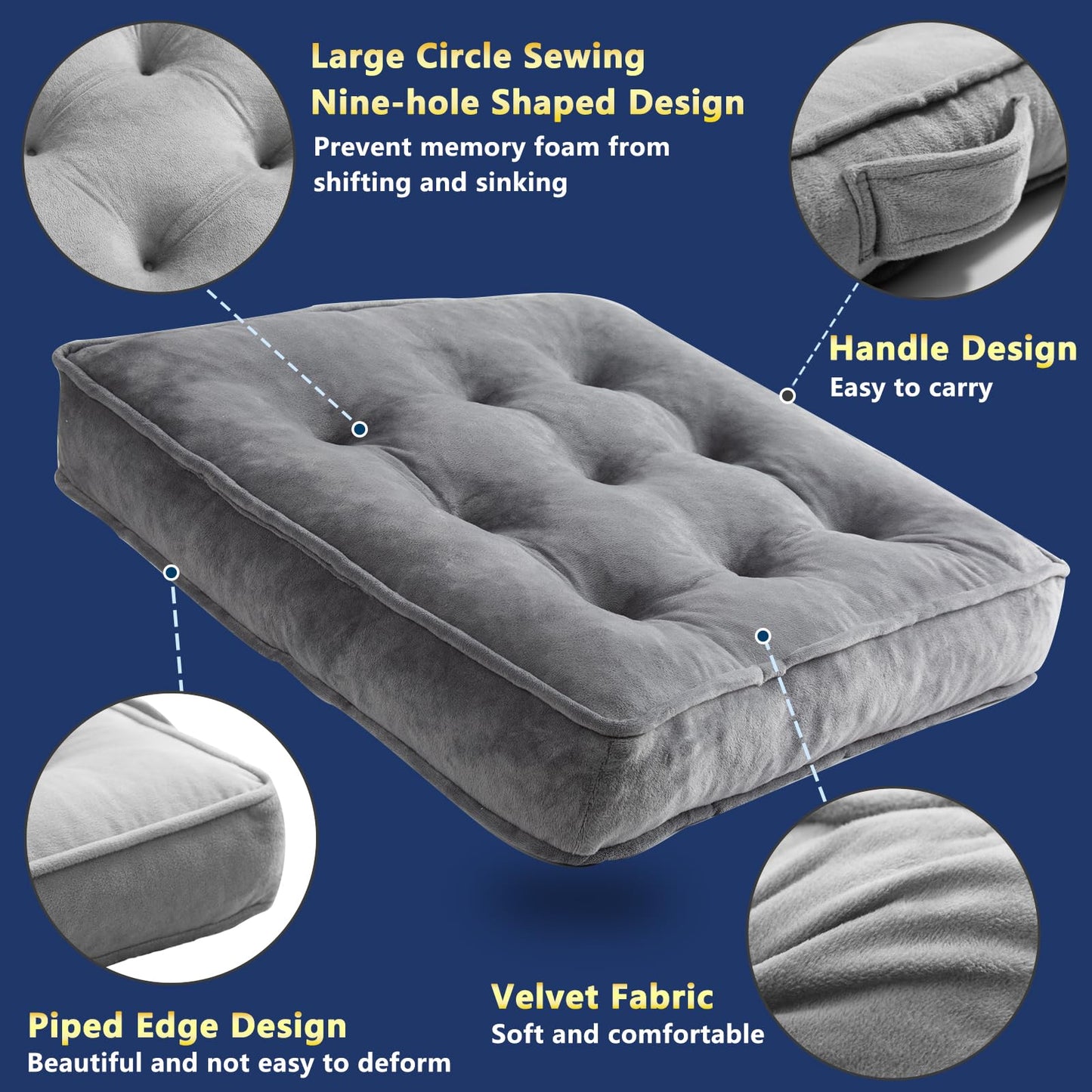 1 MIDDLE ONE Floor Pillow Set of 2, Memory Foam Meditation Cushion, Floor Cushions for Adults Sitting, Large Square Seat Cushions for Yoga, Living Room, 20x20 Inch (Grey)