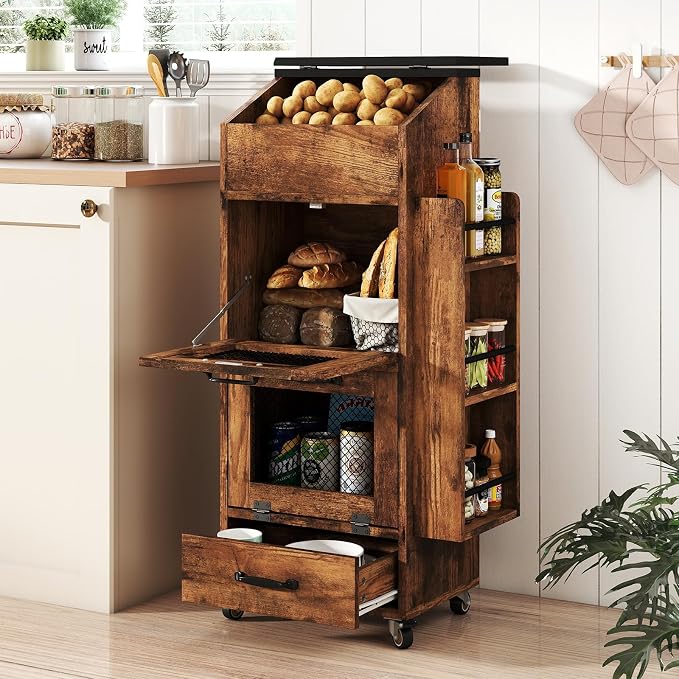 Verano Garden Potato and Onion Storage Bin on Wheels, Wood Bread Box with Lid & Mesh Doors, 4-Tier Rolling Fruit and Vegetable Storage Organizer w/Drawer & Side Rack for Kitchen (Rustic Brown, 16.0")