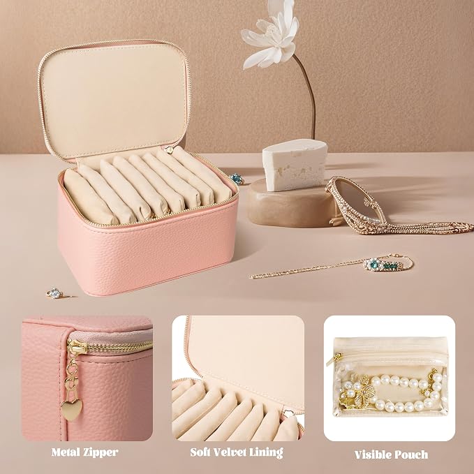 Travel Jewelry Case, Portable Jewelry Box with 6 Jewelry Bags,Travel Gift for Women Teen Girls (Pink 8 Pcs)