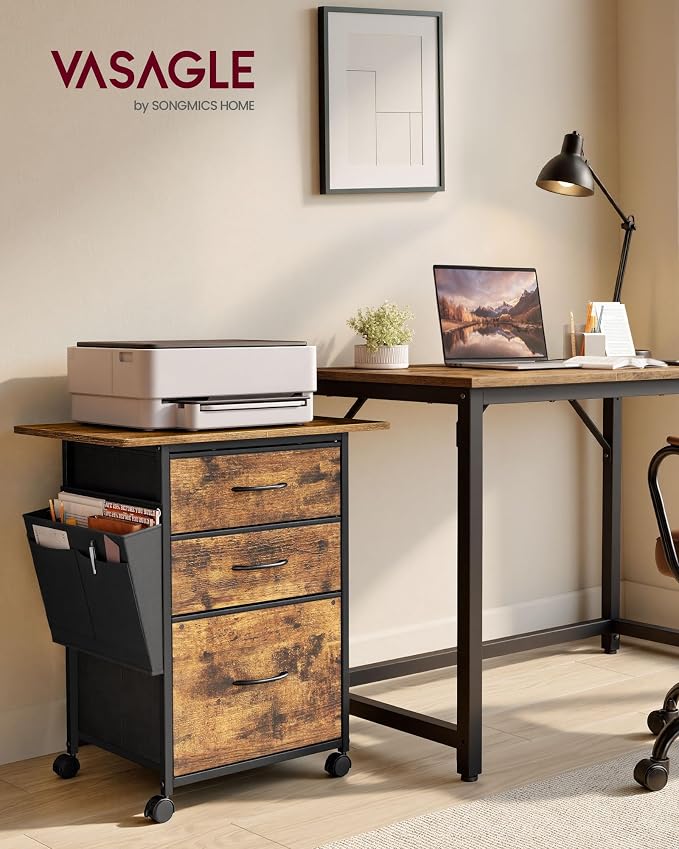 VASAGLE 3-Drawer File Cabinet, Mobile Printer Stand with Storage, Filing Cabinet for A4 Letter Size, Side Pockets, 23.6 x 15.7 x 26.8 Inch, Rustic Brown, Bellah Collection UOFC201KD01