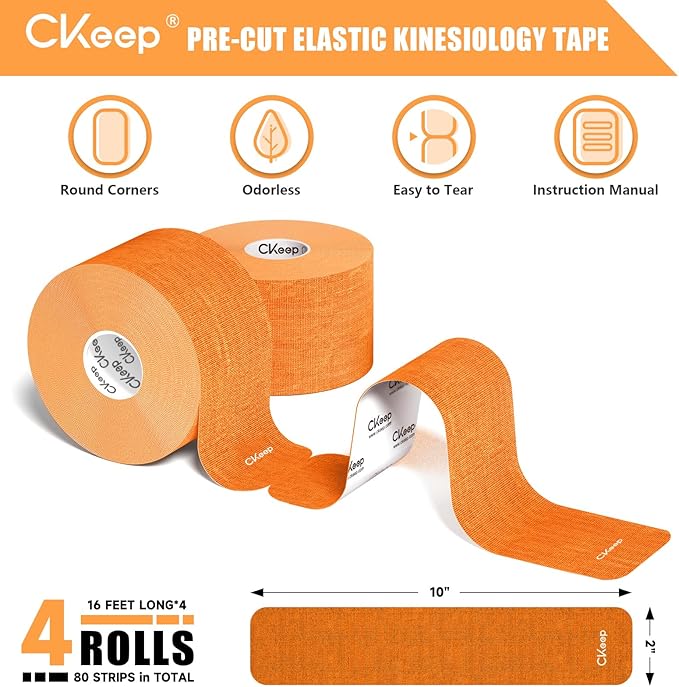 CKeep 4 Rolls Kinesiology Tape, Original Cotton Elastic Athletic Tape, 20 Precut 10" Strips Each, Orange, Ideal for Muscle Support & Injury Prevention