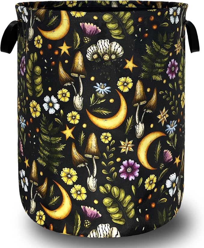 Cute Mushroom Laundry Basket Foldable Retro Moon Mushrooms Laundry Hamper Oxford Cloth Colorful Tote Bag Clothes Toy Storage Bucket For Bathroom/Laundry Storage/Bedroom 18.9 x 16.5 Inch
