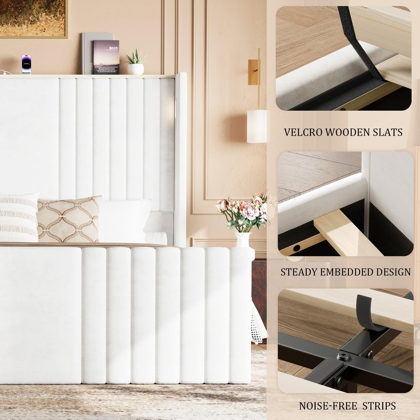 Uteeran King Size Bed Frame with 55.1" Tall Headboard, Velvet Upholstered Platform Bed with Channel Tufted Wingback, 2 Reading Lights/Storage Shelf/Charging Station/Easy Assembly/Noise-Free, Cream