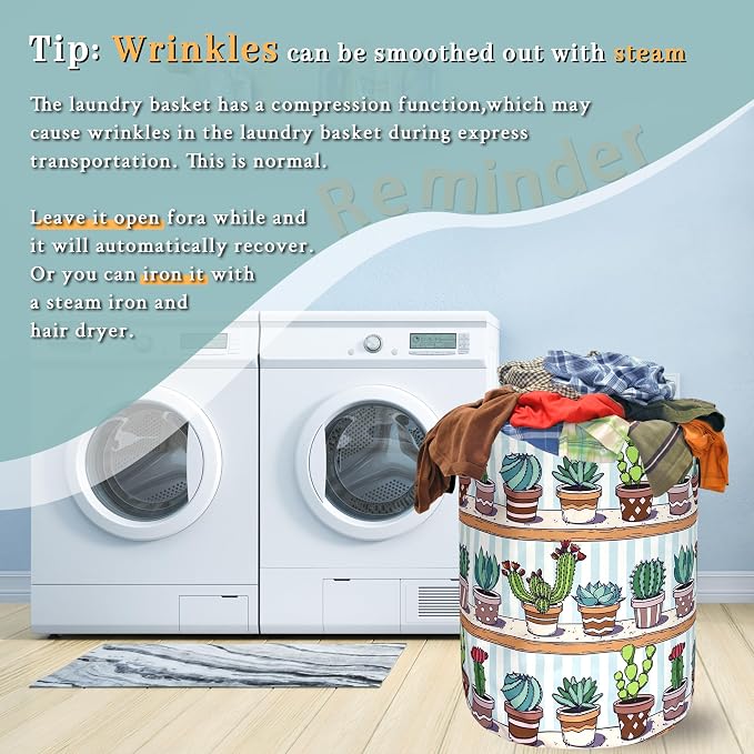 Cute Cactus Laundry Basket Tropical Cactus Flower Hamper Foldable Oxford Cloth Green Plants Colorful Tote Bag Clothes Toy Storage Bucket For Bathroom/Laundry Storage/Bedroom 18.9 x 16.5 Inch
