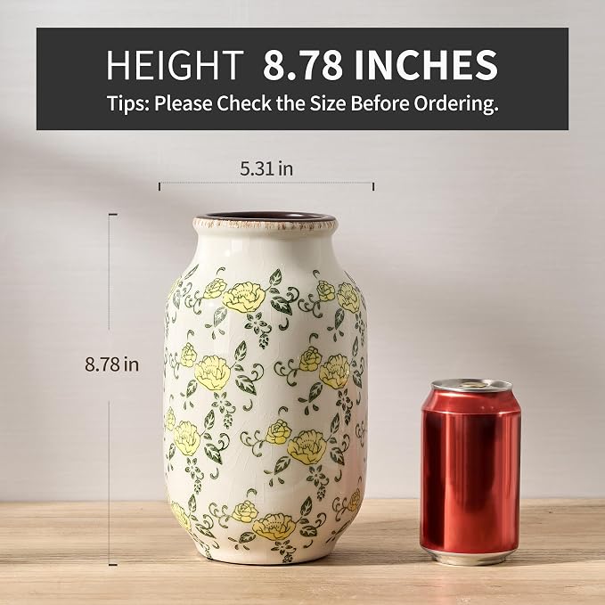 SIDUCAL Ceramic Vintage Pastoral Vase, 8.78 Inch Chinoiserie Floral Vase, Retro Ice Cracked Rustic Farmhouse Vases for Home Decor, Living Room, Bookshelf, Office, Tuscan Decor, Yellow Rose Pattern