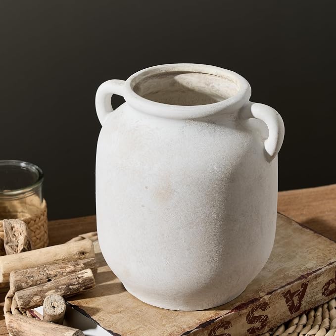 Ceramic Flower Vase Home Decor - Farmhouse Rustic White Table Vases with Handle Living Room Decoration Decorative Vintage Pottery for Kitchen Shelf Coffee Dining Desk Bookshelf Fireplace (7.6" Rustic)