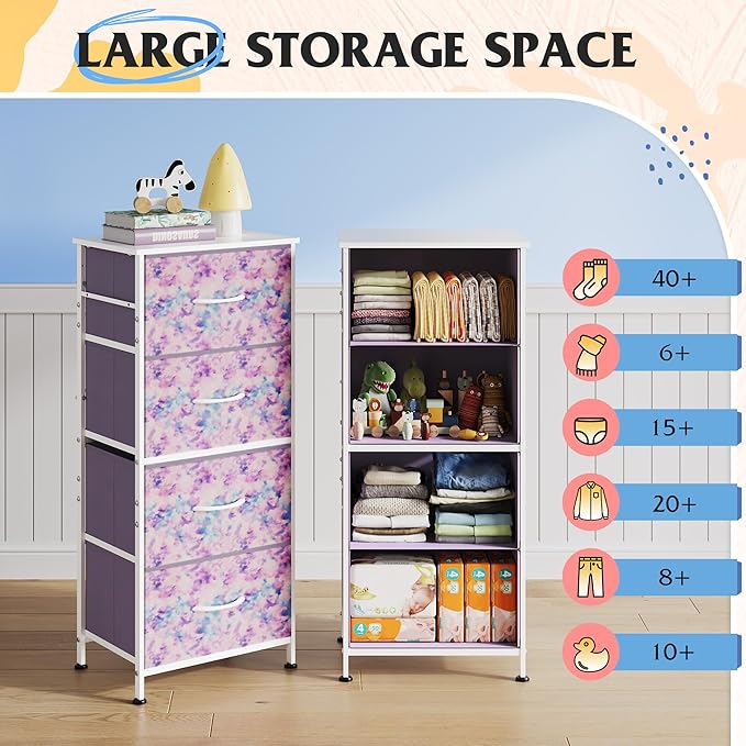 WLIVE Dresser with 4 Drawers, Storage Tower, Organizer Unit, Fabric Dresser for Bedroom, Hallway, Entryway, Closets, Sturdy Steel Frame, Wood Top, Easy Pull Handle, Tie-dye Print (Pink, Purple, Blue)