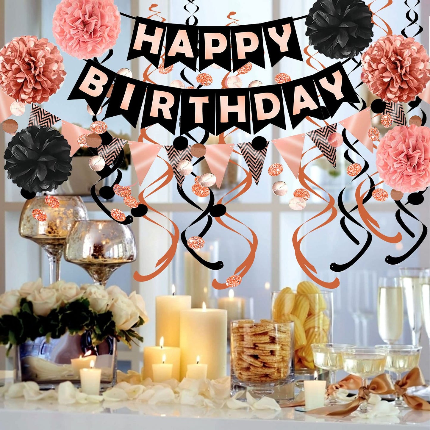 FECEDY Rose Gold Black Theme Happy Birthday Banner Flag Bunting Paper Circle Confetti Garland Swirl Streamers Honeycomb Ball for Birthday Party Decoration