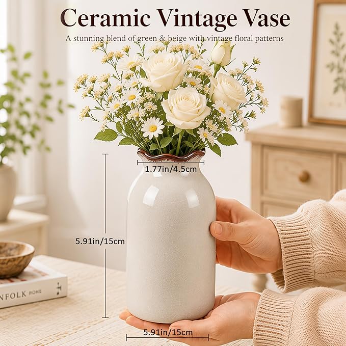 White Vase Ceramic Crackle Floral Vase for Modern Minimalism Nordic Home Bookshelf Living Room Table Centerpiece Decor