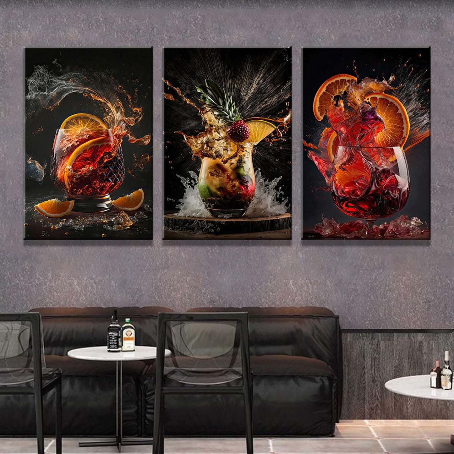 3-Piece Framed Canvas Wall Art Wrapped Canvas Cocktail Drink Posters High-Definition Bar Art Prints, Modern Alcohol Beverage Artwork Liquor Splash Photography Pictures, Unique Bartender Decor for Home Kitchen, Lounge and Bar12X16inch