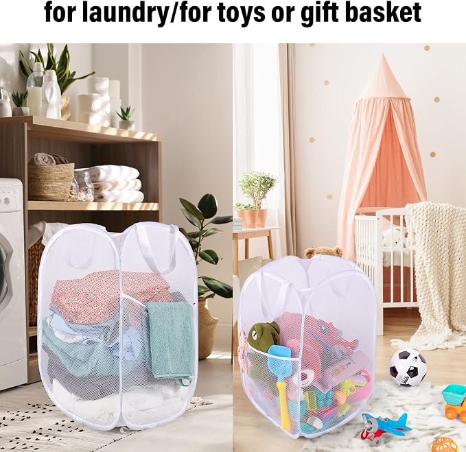 BATTOO Deluxe Strong Mesh Pop up Laundry Hamper Basket with Side Pocket for Laundry Room, Bathroom, Kids Room, College Dorm or Travel 2 Pack White