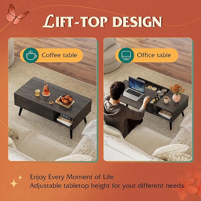 WLIVE Coffee Table for Living Room, Lift Top Coffee Table with Storage, Small Rising Wooden Dining Center Table with Storage Shelf & Hidden Compartment, 39" Black Oak