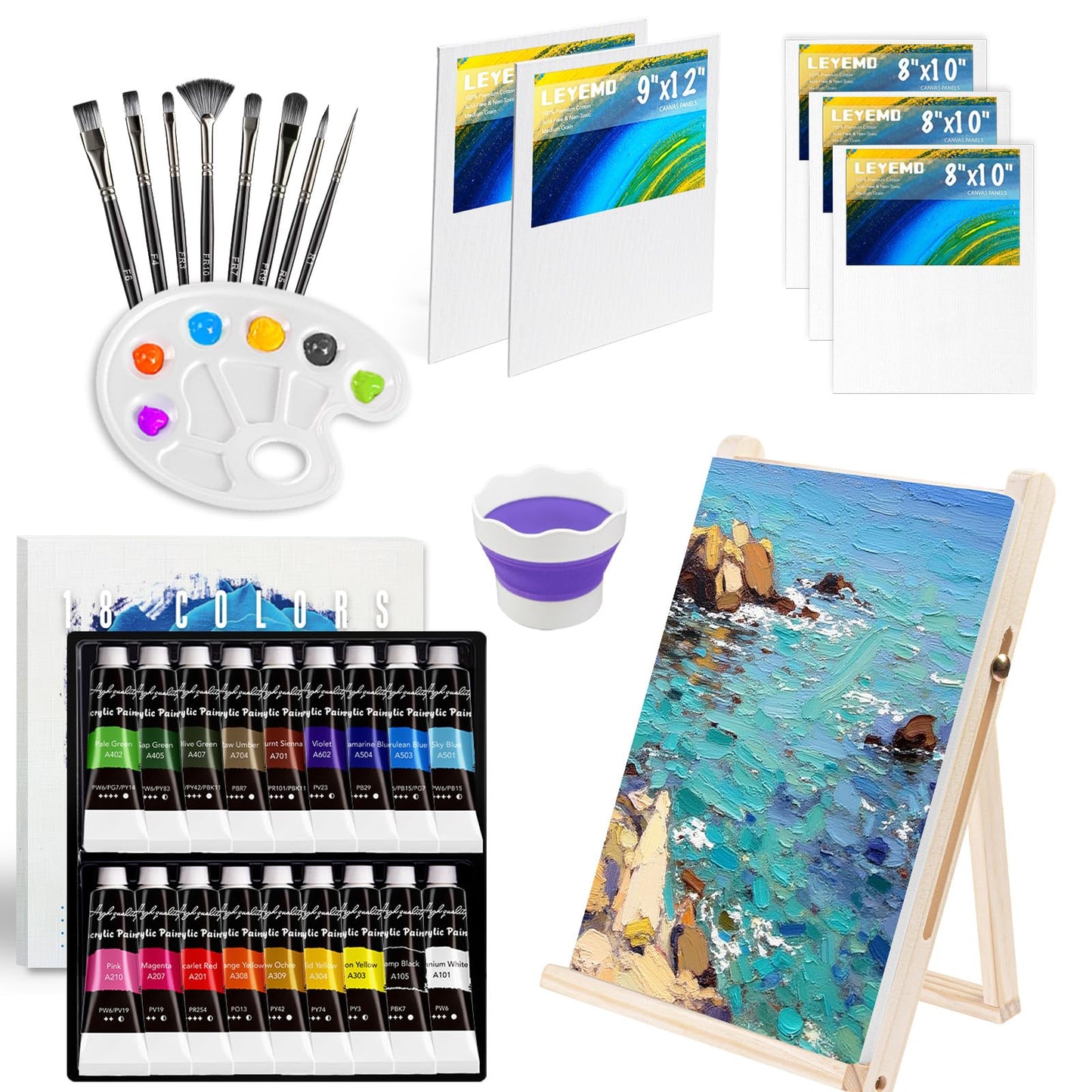 LEYEMO Acrylic Paint Set for Kids, Art Supplies Painting Kit with18 Acrylic Paints, 5 Canvas, 8 Paint Brushes, Easel, Palette ETE, Paint Set Gifts for Adults & Artist