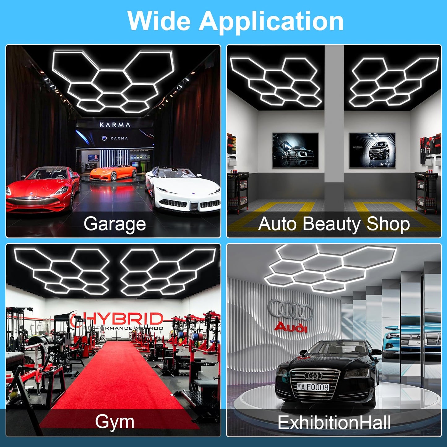 MODERN 11Grids Hexagon Garage Light: 48Pack 384W 47000LM High Brightness Hexagon Garage Lights-Easy Install Honeycomb Ceiling Lights for Warehouse, Gym Basement, Exhibition Hall