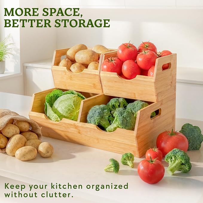 HOMESTEAD Extra Large Bamboo Pantry Storage Bins – 30% Larger, Stackable Potato Onion Storage Bin, Large Pantry Organizers and Storage, Produce Vegetable Organizer, Set of 3