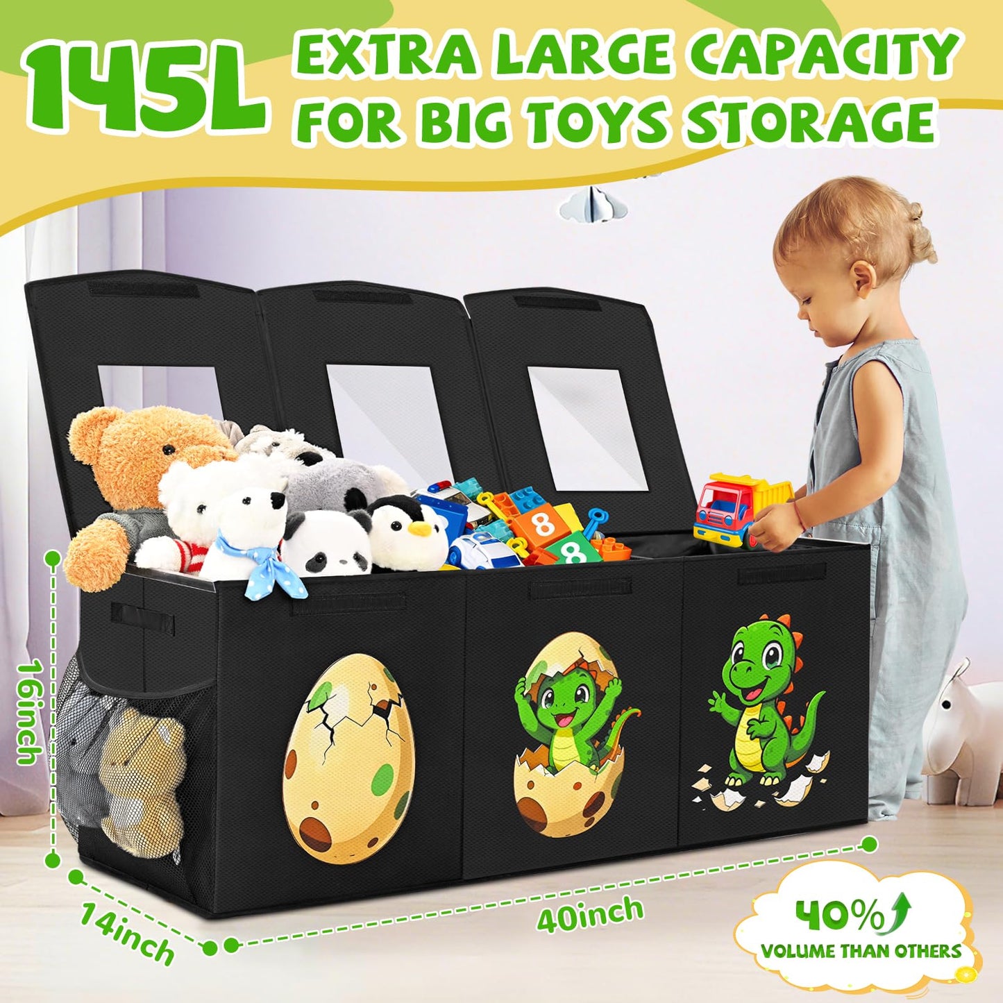Livole 145L Toy Box, Collapsible Kids Toy Chest Bins with Lids Sturdy Large Toy Storage Organizer Boxes Baskets for Boys Nursery Room Playroom Closet, 40"X16"X14", Black