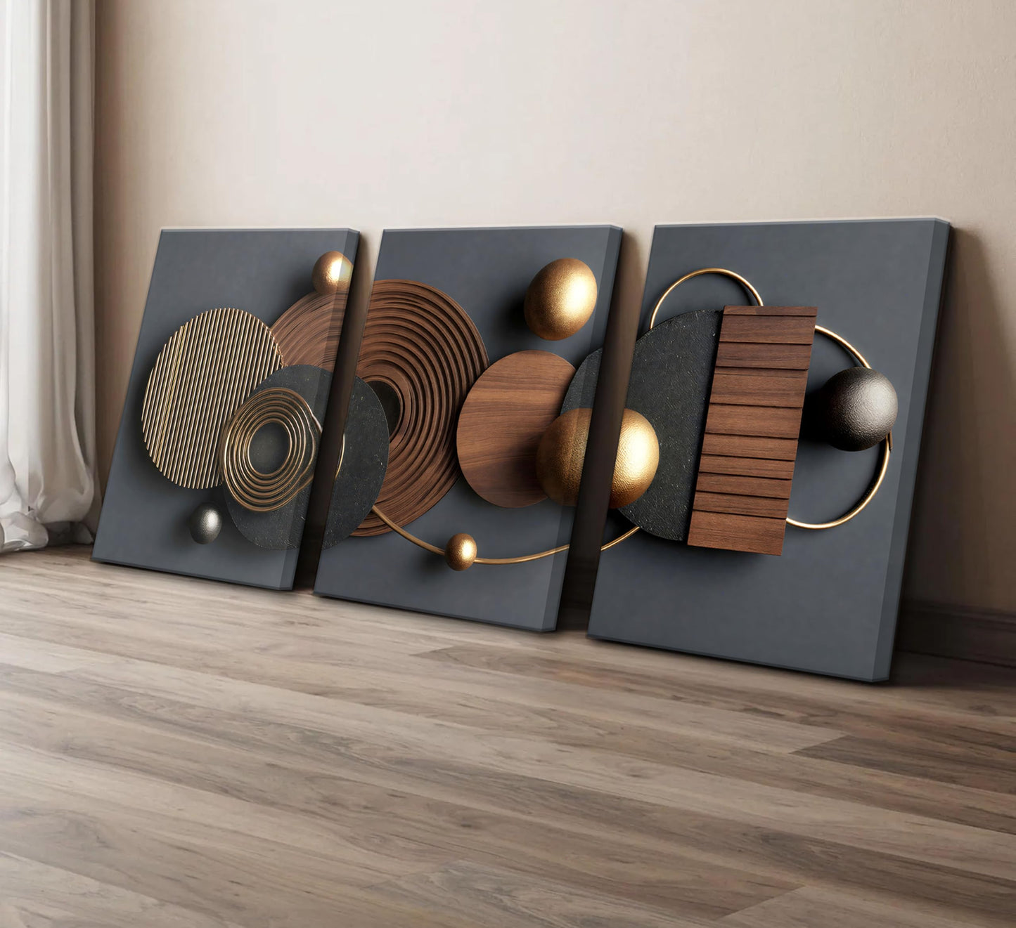 3D Textured 3Pcs Abstract Black Gold Geometric Boho Canvas Wall Art Mid Century Modern Minimalist Aesthetic Luxury Metal Artwork Pictures Wall Decor Posters Prints for Living room Office Home Decoration
