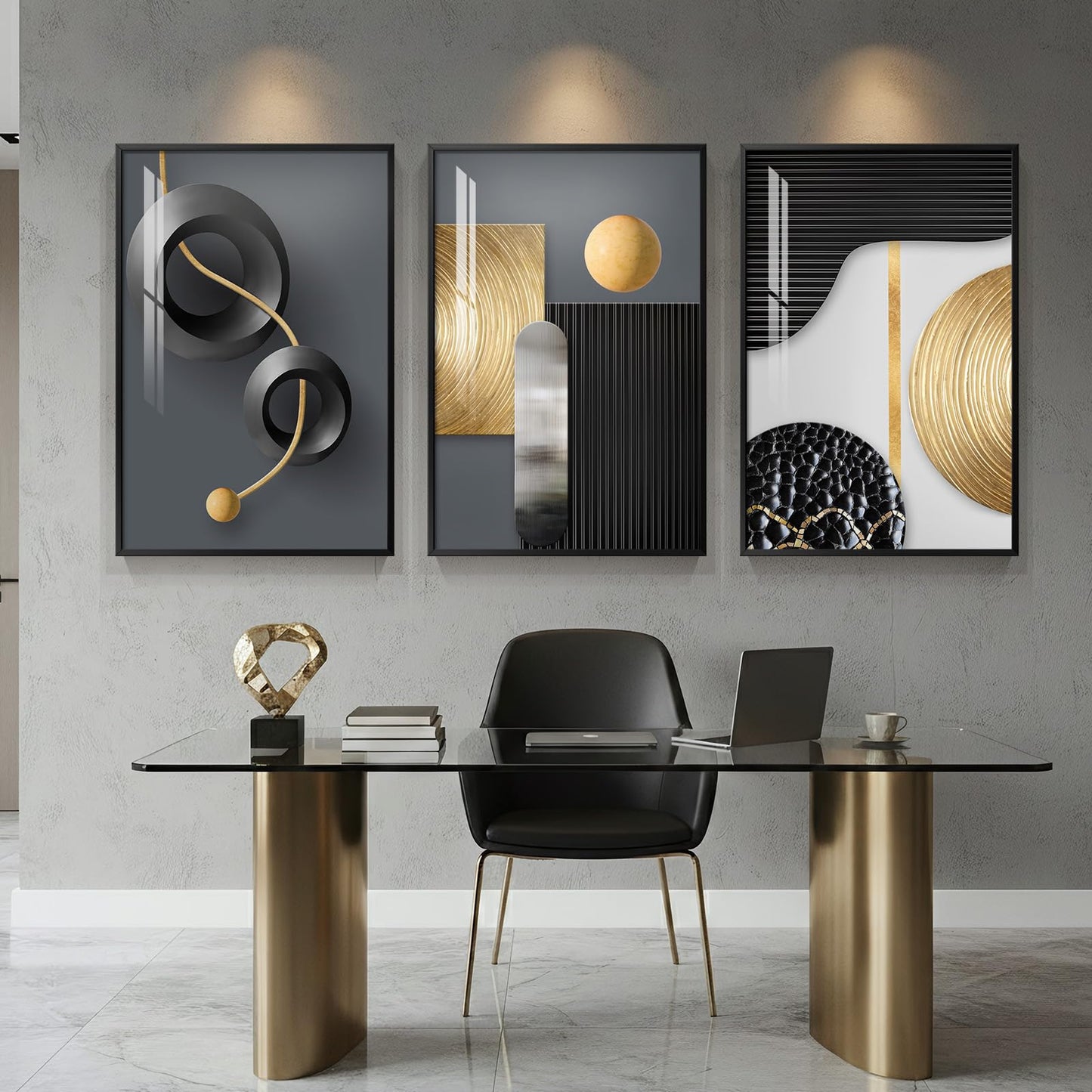 Large Framed Modern Elegant Wall Art for Living Room, 3 Piece Contemporary Luxury Prints Paintings, Black and Gold Abstract Geometric Pictures for Bedroom Entryway Home Office Wall Decor 24x36 In