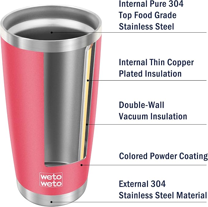 WETOWETO 20oz Tumbler with 2 lids and 2 straws, Stainless Steel Vacuum Insulated Water Coffee Tumbler Cup, Double Wall Powder Coated Spill-Proof Travel Mug Thermal Cup (Watermelon Red, 1 Pack)