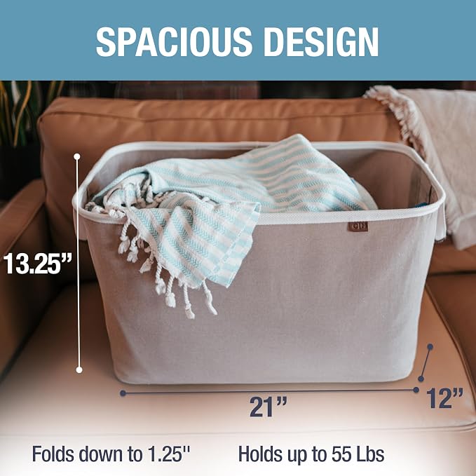 CleverMade Collapsible Laundry Basket LUXE 2 Pack – 60L (16 Gal) Foldable Cotton Blend Clothes Hamper with Vegan Leather Accents, Reinforced Handles, Space Saving Laundry Bin Holds 55 lbs - Mocha