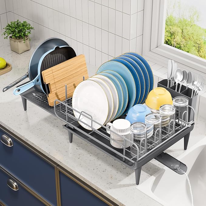 TOOLF Large Dish Drying Rack, Expandable Dish Rack for Kitchen Counter, Multifunctional Dish Drainer, Organization and Storage Essentials with Cup & Cutlery Holders, 16.7"-26.8" L x 12.6" W, Gray