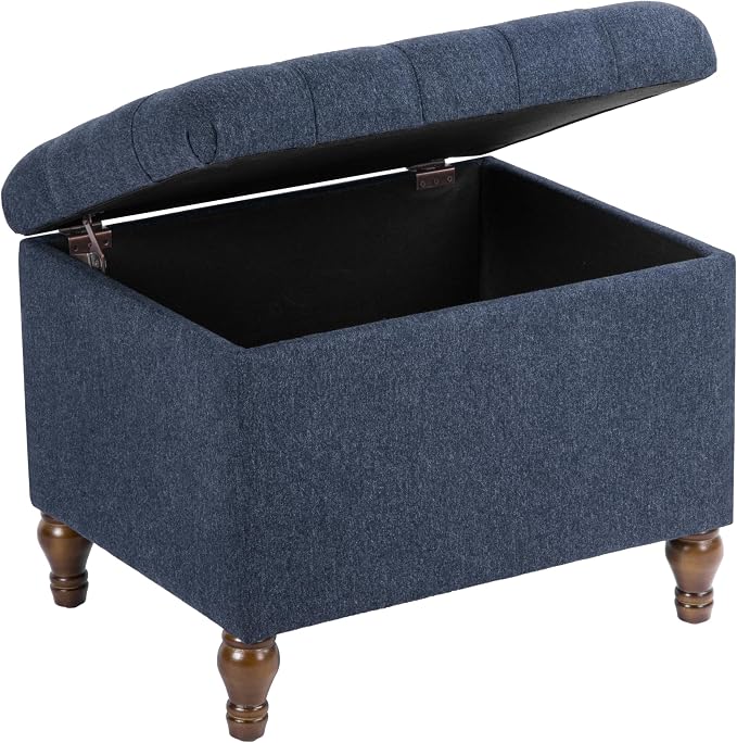 Spatial Order Home Decor | Upholstered Button Tufted Storage Ottoman | Hinged Lid Ottoman with Storage for Living Room & Bedroom | Decorative Home Furniture (Blue Woven Fabric)