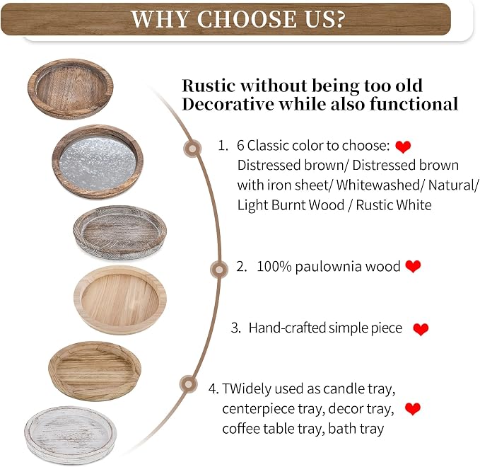 Hanobe Rustic Wooden Serving Tray: Round Wood Decorative Tray Rustic White Set of 2 Centerpiece Candle Holder Trays Farmhouse Ottoman Tray for Kitchen Counter Home Decor for Coffee Table