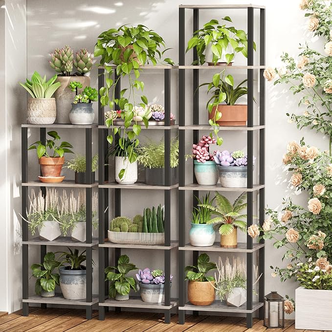 TUTOTAK Bookshelf, 4-Tier Tall Book Shelf, Narrow Bookcase for Small Space, DIY Stackable Bookshelf, for Living Room, Office, Study, Entryway, Industrial, Greige and Black BS01BG004