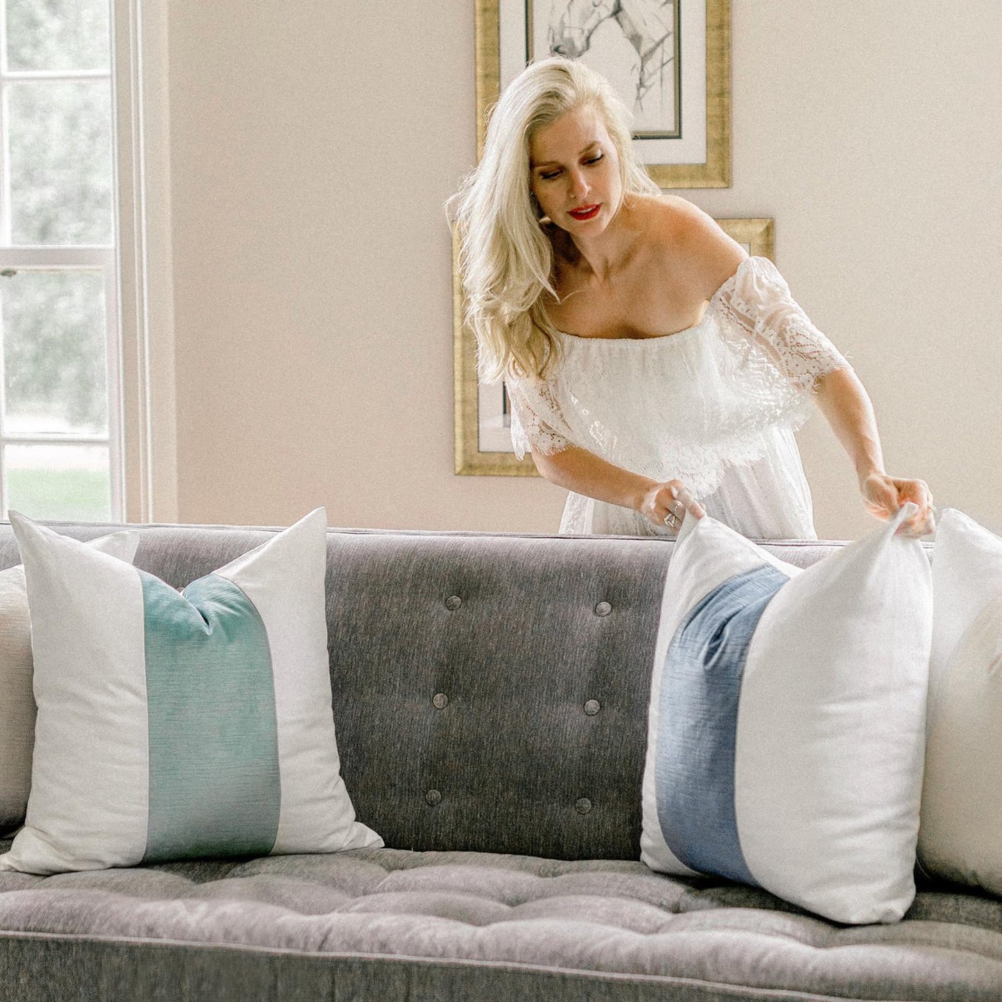 EVERGRACE x Kinsey Walsh Signature Velvet Panel Cotton Pillow Covers Set of 2, Decorative Pillow Covers 22"x22" for Couch, Square Cushion Cases for Sofa Bedroom Living Room, Blue Topaz