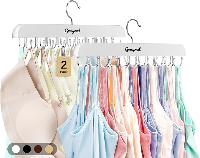 Gomyrod Bra Hanger for Closet, 2 Pack Tank Top Hanger w/20 Hooks Capacity Foldable Wood Space Saving Hangers, 360°Rotating Closet Organizers and Storage for Dorm & Apartment for Bra Scarf Ties(White)