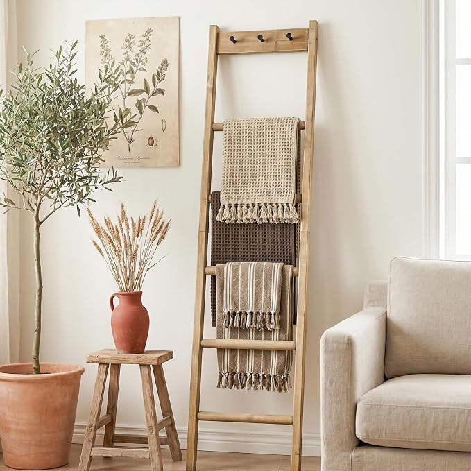 Wooden Blanket Ladder - Natural & Motley Wood - Leaning Wall Decor for Bedroom, Bathroom, Living Room - Rustic Quilt Holder & Towel Rack (Natural Wood Color + Hook, 76in（5-Tier）)