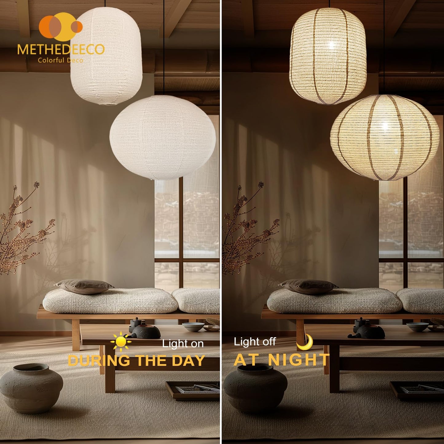 METHEDEECO 2-Piece Hanging Lamp Shade Set, 1 Oval 20x15 in + 1 Cylinder 13.5x17 in, Faux Linen Fabric Pendant Light Shades, Foldable Minimalist Pendant Lantern Shades, Nature Beige, Shades Only