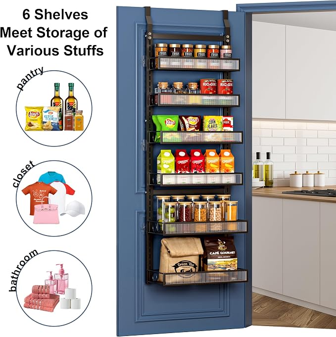 Over the Door Pantry Organizer 6 Tier Hanging or Wall Mounted Spice Rack with Adjustable Basket,Heavy Duty Metal Seasoning Organizer Shelf for Kitchen Pantry and Bathroom