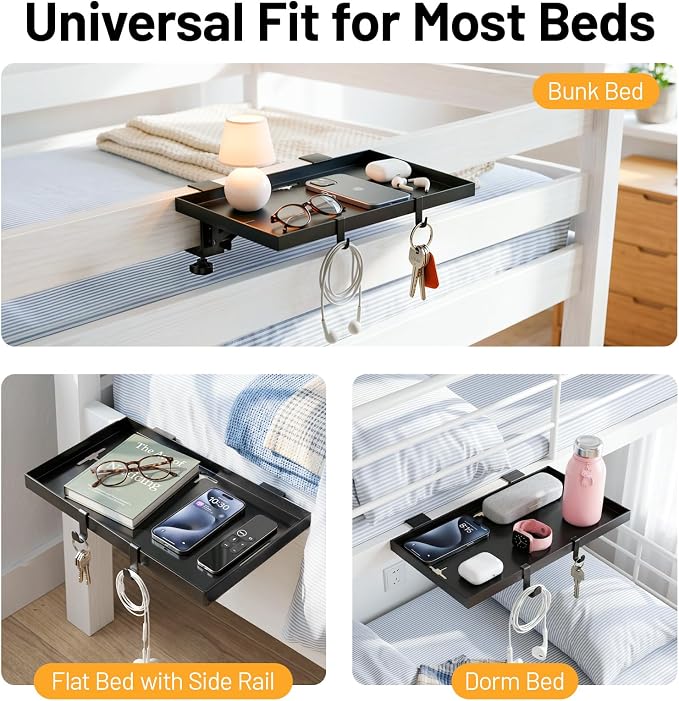 Housolution Foldable Bedside Shelf for Top Bunk & Loft Beds, Bunk Bed Shelf with Cable Hole, Heavy Duty Clip on Nightstand for College Dorm Rooms, Small Apartments, Bedrooms with Limited Space, Black