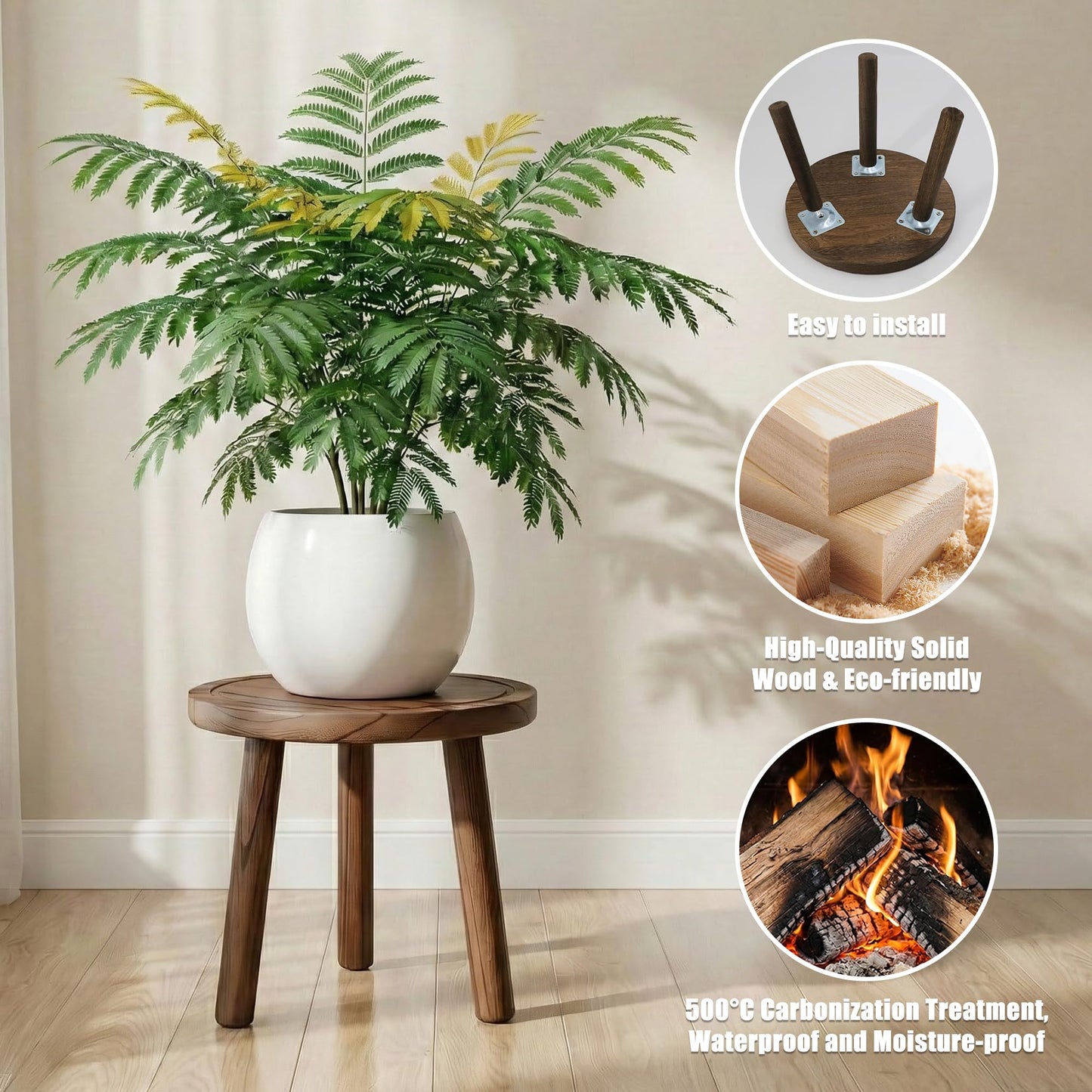 SEQUEDA Wood Plant Stands Indoor, Updated Single Plant Stand Modern Plant Table for Large Plants, Wooden Plant Stool, Tall Plant Holder Small Round Side for Living Room, Balcony, Office (Dark Brown)