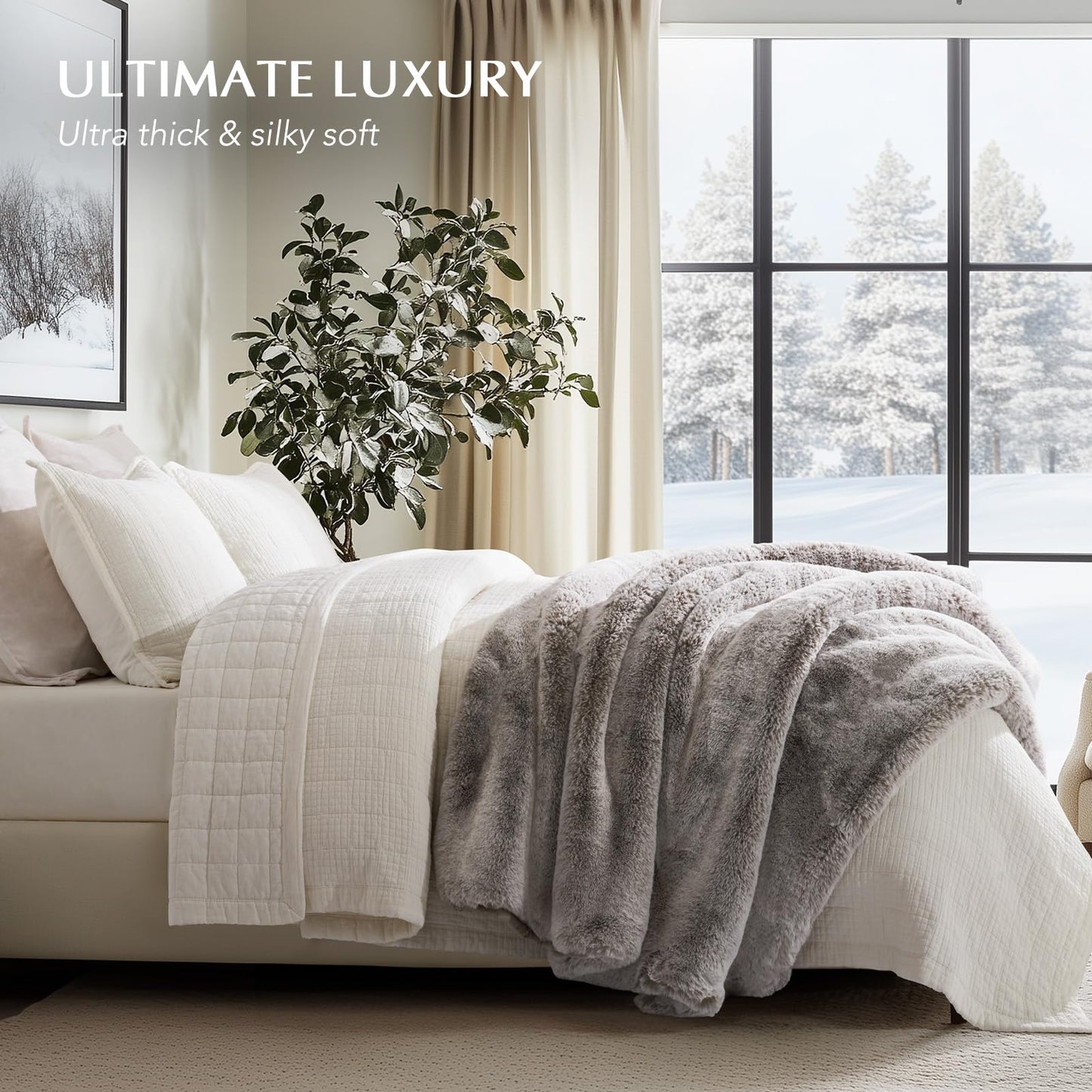 EVERGRACEHOME Luxury Soft Faux Chinchilla Fur Throw Blanket for Couch, Warm Thick Heavy Winter Throw Blanket 1220GSM for Bed, Fluffy Cozy Mink Blanket with Reversible Velvet, Champagne Fawn, 60"x80"