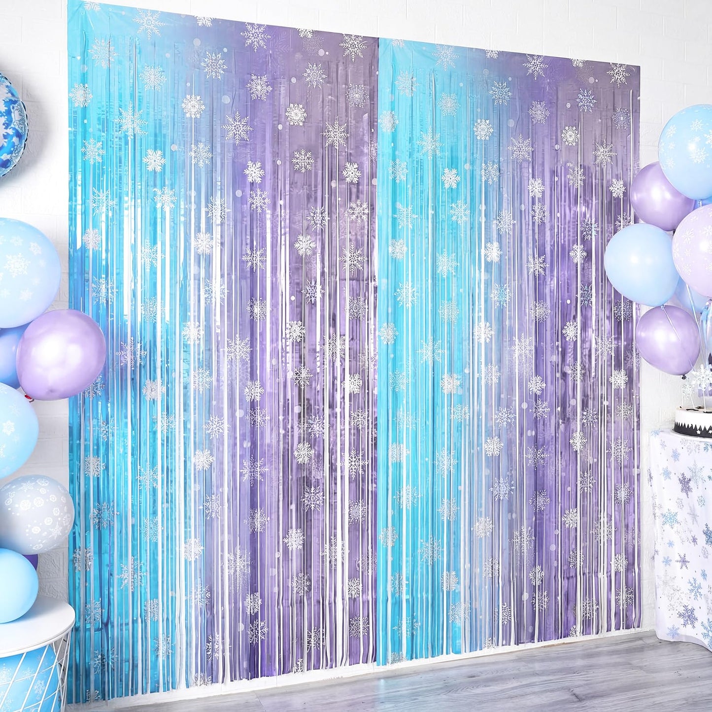 4 Pack 3.3x6.6 Ft Winter Princess Birthday Party Decorations Snowflake Backdrop Tinsel Foil Fringe Curtains Ice and Snow Birthday Party Supplies Snowflake Photo Booth Prop Backdrop Streamer
