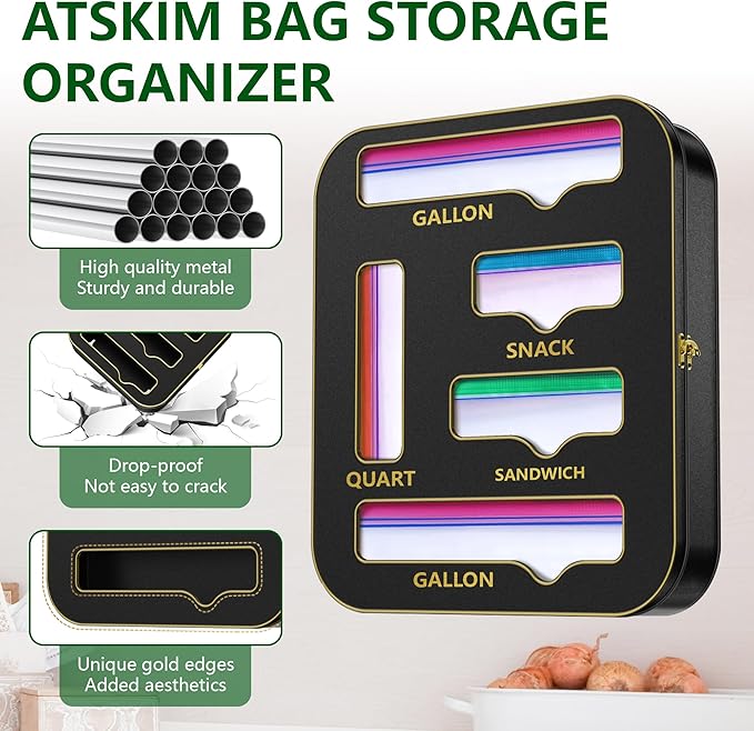 Metal Bag Storage Organizer Kitchen Drawer, Non-Marking Installation of Sandwich Bag Organizer, 5 in 1 Baggie Organizer for Drawer for Gallon, Quart, Snack(Black)