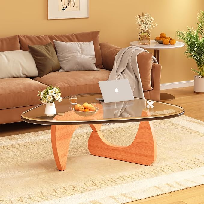 Coffee Table for Living Room Mid Century Modern Center Small Table with Glass Top and Wood, Walnut Transparent(36 Inch)